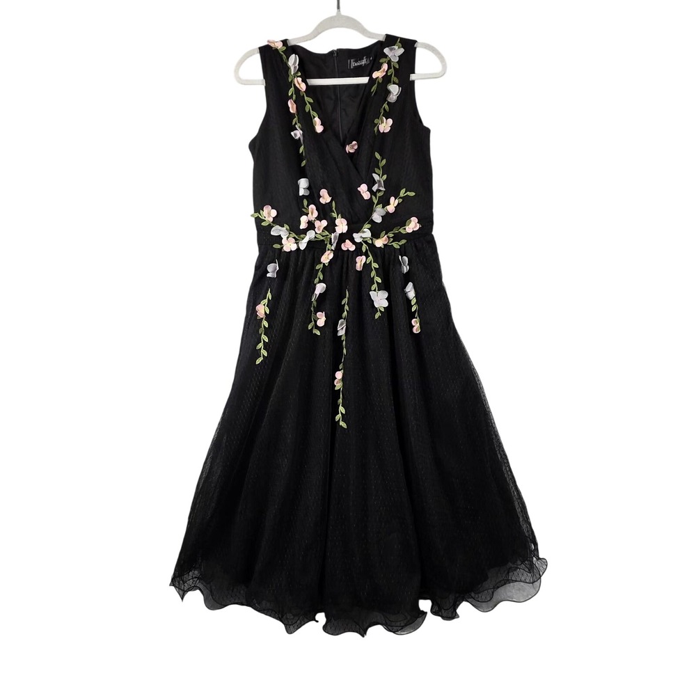 Dabuwawa Dress Womens Medium Black Floral Tulle Fit & Flare V Neck Midi Party
